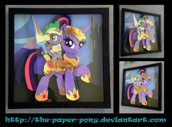 Size: 1600x1186 | Tagged: safe, artist:the-paper-pony, imported from derpibooru, spike, twilight sparkle, dragon, pony, unicorn, armor, commission, craft, dragons riding ponies, duo, female, helmet, irl, lance, male, mare, photo, ponytail, riding, shadowbox, spear, spike riding twilight, unicorn twilight, weapon