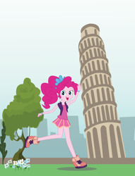 Size: 1300x1700 | Tagged: safe, artist:eninejcompany, imported from derpibooru, pinkie pie, equestria girls, female, forced perspective, leaning tower of pisa, solo