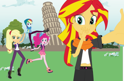 Size: 2000x1300 | Tagged: safe, artist:eninejcompany, imported from derpibooru, applejack, pinkie pie, rainbow dash, sunset shimmer, equestria girls, forced perspective, italy, leaning tower of pisa, midriff, selfie