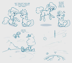 Size: 799x707 | Tagged: artist needed, safe, imported from derpibooru, pinkie pie, twilight sparkle, blank flank, comic, gravity, monochrome, moon, physics, planet, tree, vulgar, world