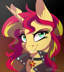 Size: 663x749 | Tagged: dead source, safe, artist:dvixie, deleted from derpibooru, imported from derpibooru, sunset shimmer, pony, unicorn, collar, grin, looking at you, necklace, smiling, solo