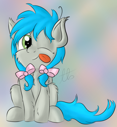 Size: 2422x2630 | Tagged: safe, artist:laptopbrony, imported from derpibooru, oc, oc only, oc:darcy sinclair, :p, bow, cute, fluffy, hair bow, looking at you, sitting, solo, tongue out, wink