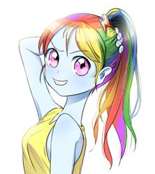 Size: 800x900 | Tagged: safe, artist:quizia, imported from derpibooru, rainbow dash, equestria girls, alternate hairstyle, armpits, clothes, female, grin, hair ornament, looking at you, looking back, ponytail, shirt, simple background, smiling, smirk, solo, tanktop, white background