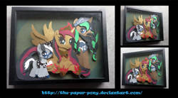 Size: 1280x708 | Tagged: safe, artist:the-paper-pony, imported from derpibooru, oc, oc only, oc:fiver, oc:prince erik, oc:princess gryphyn, alicorn, pony, alicorn oc, commission, craft, female, irl, male, oc x oc, offspring, photo, shadowbox, shipping, straight