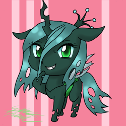 Size: 1024x1023 | Tagged: safe, artist:midnameowfries, imported from derpibooru, queen chrysalis, changeling, changeling queen, chibi, crown, cute, cutealis, female, grin, jewelry, looking at you, regalia, smiling, solo