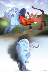 Size: 1600x2400 | Tagged: safe, artist:skaiah, imported from derpibooru, trixie, dragon, pony, unicorn, burn, burned, burned butt, burned butt fetish, butt fire, comic, female, fire, literal butthurt, mare, pain