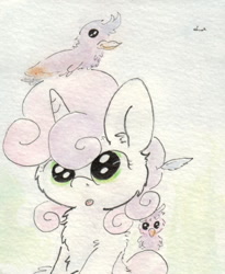 Size: 681x831 | Tagged: safe, artist:slightlyshade, imported from derpibooru, sweetie belle, bird, unicorn, cute, feather, open mouth, traditional art, wingding eyes