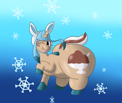 Size: 1280x1086 | Tagged: safe, artist:askchubbytwilight, imported from derpibooru, oc, oc only, oc:hot fudge, glaceon, pony, butt, chubby, clothes, cosplay, impossibly large butt, plot, pokémon, solo, tongue out, wink