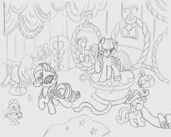 Size: 1280x1024 | Tagged: safe, artist:the-paper-pony, imported from derpibooru, opalescence, rarity, spike, sweetie belle, twilight sparkle, commission, lineart, monochrome