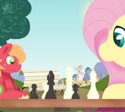 Size: 590x526 | Tagged: safe, artist:flashbrush, imported from derpibooru, big macintosh, fluttershy, earth pony, pony, chess, fluttermac, male, shipping, size difference, stallion, straight