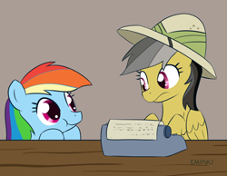 Size: 1000x775 | Tagged: safe, artist:empyu, imported from derpibooru, daring do, rainbow dash, pegasus, pony, 30 minute art challenge, :t, duo, excited, typewriter, wide eyes