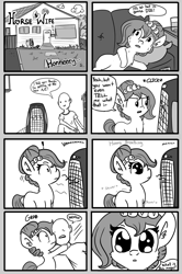 Size: 1280x1930 | Tagged: safe, artist:tjpones, imported from derpibooru, oc, oc only, oc:brownie bun, oc:richard, earth pony, human, pony, horse wife, :o, air conditioner, are you a wizard, clothes, comic, dilated pupils, exclamation point, female, frown, heavy breathing, hot, human male, male, mare, monochrome, onomatopoeia, open mouth, shrunken pupils, sweat, tumblr, wide eyes