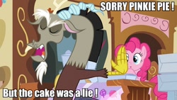 Size: 960x540 | Tagged: safe, imported from derpibooru, screencap, discord, pinkie pie, make new friends but keep discord, angry, eyes closed, image macro, meme, rhyme, sugarcube corner, the cake is a lie