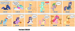 Size: 1536x643 | Tagged: safe, artist:vincentthecrow, imported from derpibooru, applejack, derpy hooves, fluttershy, lyra heartstrings, maud pie, pinkie pie, princess celestia, princess luna, rainbow dash, rarity, spike, twilight sparkle, alicorn, dragon, earth pony, pegasus, pony, barcode, book, bronybait, choice, dilemma, female, male, mane seven, mane six, mare, pick one, ponies for sale, preening, price tag, puppy dog eyes, signs, sitting, speech bubble, talking, talking to viewer, thought bubble, twilight sparkle (alicorn)