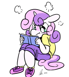 Size: 500x555 | Tagged: safe, artist:rwl, imported from derpibooru, sweetie belle, anthro, angry, blushing, book, cute, grumpy belle, reading