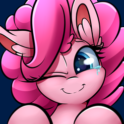 Size: 1500x1500 | Tagged: safe, artist:madacon, imported from derpibooru, pinkie pie, earth pony, pony, crying, cute, diapinkes, female, mare, one eye closed, simple background, smiling, solo, tears of joy, wink