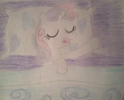 Size: 2046x1652 | Tagged: safe, artist:kaitlynthorne, imported from derpibooru, sweetie belle, bed, female, open mouth, sleeping, snoring, solo, traditional art