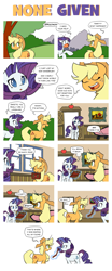 Size: 1253x3000 | Tagged: dead source, safe, artist:inkypsycho, imported from derpibooru, applejack, rarity, earth pony, pony, unicorn, applejack's hat, appletroll, box, briefcase, comic, cowboy hat, dialogue, element of honesty, eye contact, eyes closed, female, hat, look at all the fucks i give, looking at each other, magic, mare, mouth hold, no fucks, open mouth, smiling, speech bubble, telekinesis, tree, vulgar