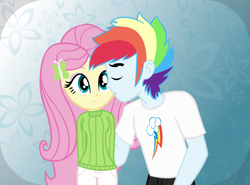 Size: 1280x945 | Tagged: safe, artist:dilemmas4u, imported from derpibooru, fluttershy, rainbow dash, human, equestria girls, cheek kiss, clothes, duo, equestria guys, female, flutterblitz, flutterdash, half r63 shipping, kissing, male, peeking, rainbow blitz, rule 63, shipping, show accurate, straight, sweatershy