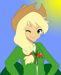 Size: 3097x3785 | Tagged: safe, artist:loudnoises, artist:skydrew, imported from derpibooru, applejack, human, equestria girls, blue sky, clothes, female, hat, hill, humanized, solo, sun, wink