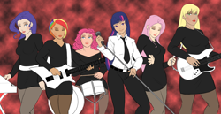 Size: 1280x661 | Tagged: safe, artist:eve-ashgrove, imported from derpibooru, applejack, fluttershy, pinkie pie, rainbow dash, rarity, twilight sparkle, human, addicted to love, bass guitar, drums, electric guitar, eyeshadow, guitar, humanized, keyboard, lipstick, mane six, microphone, music video reference, musical instrument, robert palmer, tambourine