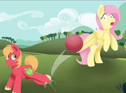 Size: 820x606 | Tagged: safe, artist:flashbrush, imported from derpibooru, big macintosh, fluttershy, earth pony, pony, male, size difference, stallion