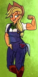 Size: 635x1259 | Tagged: safe, artist:darkwingsnark, imported from derpibooru, applejack, equestria girls, applejacked, flexing, hand on hip, humanized, muscles, overalls