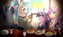 Size: 1280x747 | Tagged: safe, artist:thepoisonjackal, imported from derpibooru, princess cadance, princess celestia, princess luna, twilight sparkle, alicorn, pony, ask majesty incarnate, alicorn tetrarchy, blog fanart, clothes, curved horn, female, food, mare, nose horn, pancakes, spoon, syrup, twilight sparkle (alicorn), whipped cream