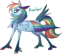 Size: 1280x1126 | Tagged: safe, artist:thepoisonjackal, imported from derpibooru, rainbow dash, pegasus, pony, alternate design, claws, colored hooves, colored wings, colored wingtips, feather, feathered fetlocks, female, grin, looking at you, multicolored wings, rainbow feathers, rainbow wings, realistic horse legs, simple background, solo, tail feathers, transparent background, wing claws, wings