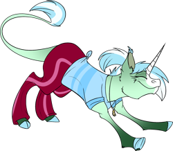 Size: 1280x1115 | Tagged: safe, artist:thepoisonjackal, imported from derpibooru, lyra heartstrings, classical unicorn, pony, unicorn, clothes, cloven hooves, colored hooves, eyes closed, female, leonine tail, necklace, pants, shirt, simple background, solo, stretching, transparent background