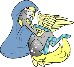 Size: 1280x1163 | Tagged: safe, artist:thepoisonjackal, imported from derpibooru, derpy hooves, pegasus, pony, blanket, claws, clothes, cute, derpabetes, female, mare, simple background, socks, solo, striped socks, tail feathers, transparent background, wing claws, wings