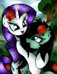 Size: 1024x1327 | Tagged: safe, artist:ponygoddess, imported from derpibooru, rarity, oc, oc:sappho, canon x oc, female, flower, flower in hair, hug, lesbian, piercing, rose, shipping