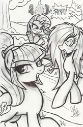 Size: 625x960 | Tagged: safe, artist:ponygoddess, imported from derpibooru, rarity, sonata dusk, oc, oc:sappho, angry, female, fire, hair over one eye, heart eyes, jealous, lesbian, monochrome, ponified, rarity is not amused, shipping, sketch, wingding eyes