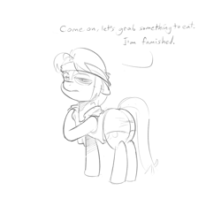 Size: 1000x1000 | Tagged: safe, artist:khorme, imported from derpibooru, oc, oc only, oc:ultramare, earth pony, bike shorts, dialogue, monochrome, sketch, solo, sweat, sweatband, towel, ultrabutt