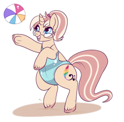 Size: 600x588 | Tagged: safe, artist:lulubell, imported from derpibooru, oc, oc only, oc:lulubell, pony, unicorn, beach, beach ball, chubby, clothes, fat, freckles, glasses, one-piece swimsuit, open-back swimsuit, sand, simple background, solo, swimsuit, transparent background