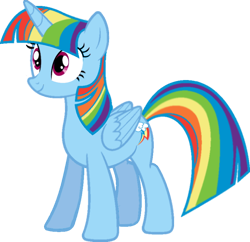 Size: 800x774 | Tagged: safe, artist:drawcreator, artist:racefox, imported from derpibooru, rainbow dash, alicorn, pony, backwards cutie mark, female, manebow sparkle, race swap, rainbow sparkle, rainbowcorn, recolor, simple background, smiling, solo, transparent background, twilight dash, vector