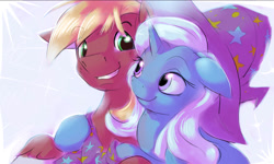 Size: 1455x875 | Tagged: safe, artist:gsphere, imported from derpibooru, big macintosh, trixie, earth pony, pony, unicorn, crack shipping, cute, diatrixes, featured image, female, floppy ears, grin, hug, macabetes, male, mare, shipping, smiling, stallion, straight, trixmac