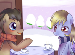 Size: 1243x915 | Tagged: safe, artist:solar-slash, imported from derpibooru, derpy hooves, doctor whooves, time turner, pony, blushing, clothes, doctorderpy, male, scarf, shipping, snow, snowfall, stallion, straight, talking, winter