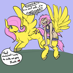 Size: 1000x1000 | Tagged: safe, artist:sterks, imported from derpibooru, fluttershy, oc, oc:thorn, satyr, bikini, clothes, i'm not cute, midriff, offspring, parent:fluttershy, swimsuit