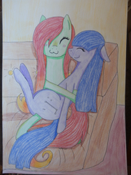 Size: 1383x1844 | Tagged: safe, artist:princessjasminbrony, imported from derpibooru, oc, oc only, oc:artline, oc:cosmia nebula, hug, smiling, traditional art