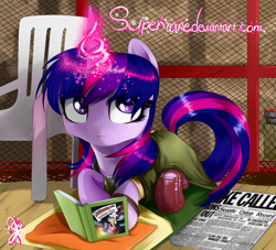 Size: 1410x1279 | Tagged: safe, artist:supermare, imported from derpibooru, twilight sparkle, abigail "fetch" walker, book, crossover, daring do and the sapphire statue, female, infamous, infamous first light, infamous second son, newspaper, solo