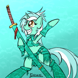 Size: 600x600 | Tagged: safe, artist:cheshiresdesires, imported from derpibooru, lyra heartstrings, pony, semi-anthro, unicorn, abstract background, clothes, female, grin, katana, smiling, solo, sword, weapon