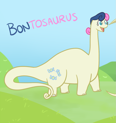 Size: 617x650 | Tagged: safe, artist:atlur, deleted from derpibooru, imported from derpibooru, bon bon, sweetie drops, brontosaurus, dinosaur, bon bon is amused, bonafied, bonpun, dinosaurified, prehistoric, pun, species swap, tumblr