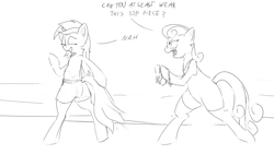 Size: 1067x600 | Tagged: safe, artist:cheshiresdesires, imported from derpibooru, bon bon, lyra heartstrings, sweetie drops, earth pony, pony, semi-anthro, unicorn, bipedal, bon bon is not amused, clothes, dialogue, monochrome, simple background, swimsuit, unamused, white background