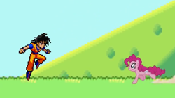 Size: 630x355 | Tagged: safe, imported from derpibooru, pinkie pie, smile hd, crossover, dragon ball, dragon ball z, fight, goku, pixel art, son goku