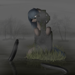 Size: 4000x4000 | Tagged: safe, artist:f13proxima, imported from derpibooru, oc, oc only, eel, fog, gravestone, hiding, water, worried