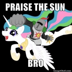 Size: 500x500 | Tagged: safe, imported from derpibooru, princess celestia, dark souls, image macro, jolly cooperation, meme, praise the sun, solaire of astora