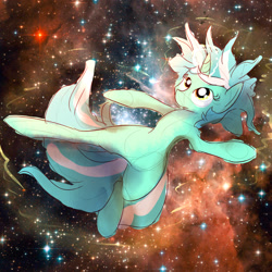 Size: 1200x1200 | Tagged: safe, artist:cheshiresdesires, imported from derpibooru, lyra heartstrings, pony, unicorn, female, floating, solo, space, stars, the cosmos, windswept mane, zero gravity