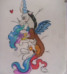 Size: 1771x1936 | Tagged: safe, artist:theauroralife, imported from derpibooru, discord, princess celestia, blushing, cuddling, dislestia, female, heart, male, on side, shipping, side, snuggling, straight, traditional art