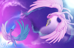 Size: 1600x1035 | Tagged: safe, artist:xormak, imported from derpibooru, princess celestia, princess luna, ethereal mane, flying, magic